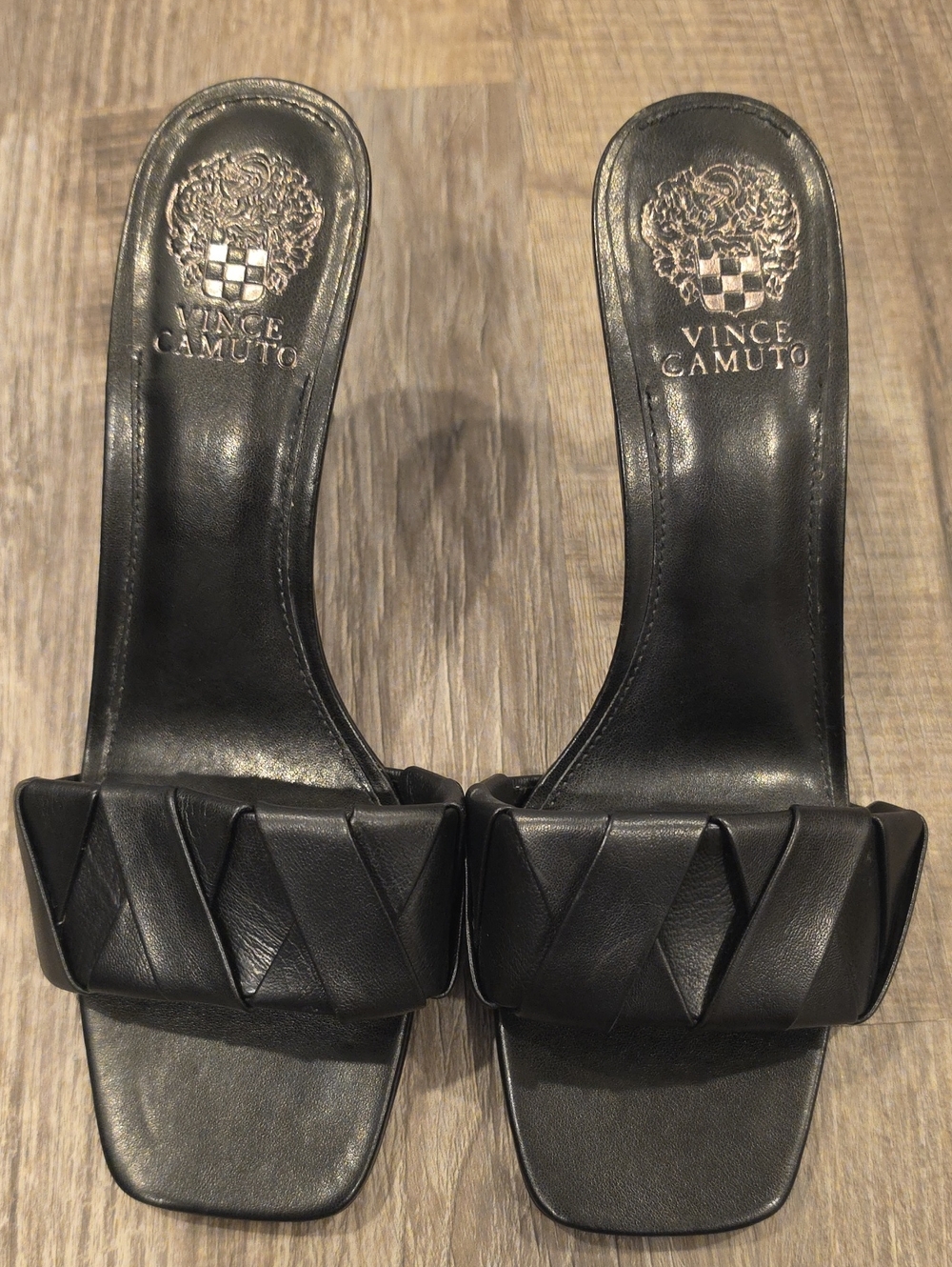 Vince Camuto Black Leather Braided-Panel Slide Mules